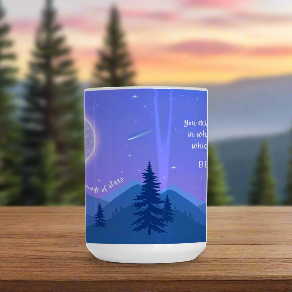 Ceramic mug featuring a starry night sky over mountains, with the Flower of Life as the moon, a commemorative comet, and the phrase 'You are made of stars - BE THE LIGHT' inspiring mindfulness and cosmic connection.