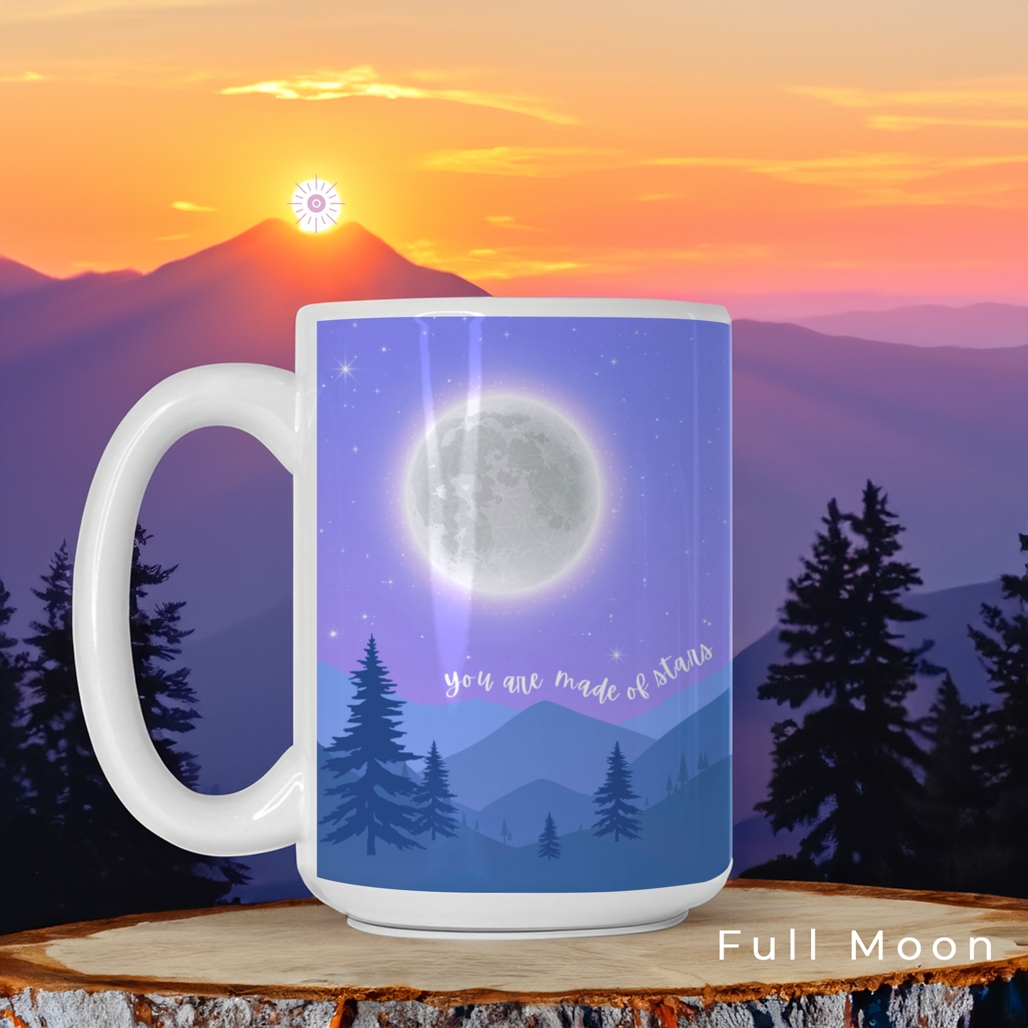 Ceramic mug featuring a starry night sky over mountains, with the Flower of Life as the moon, a commemorative comet, and the phrase 'You are made of stars - BE THE LIGHT' inspiring mindfulness and cosmic connection.